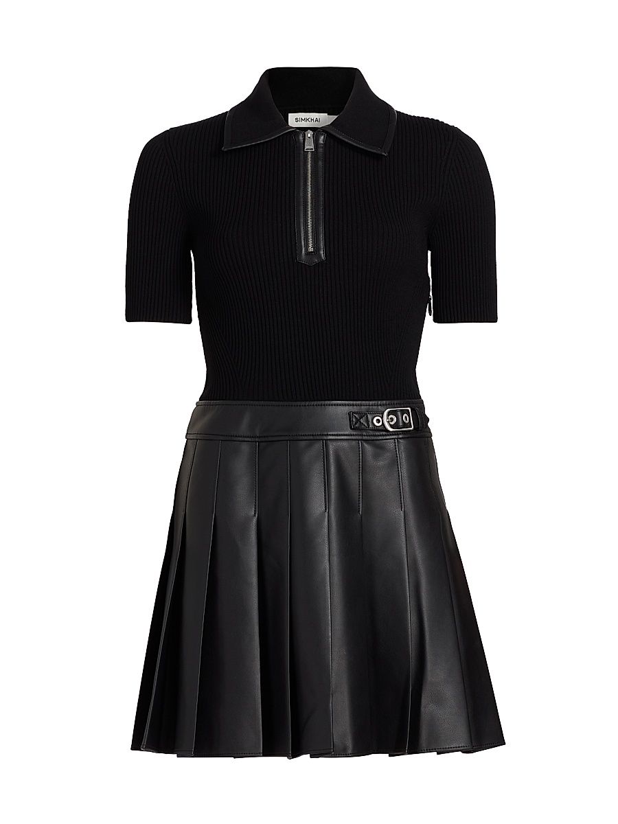 Women's Linnie Faux-Leather Mixed-Media Minidress - Black - Size Large