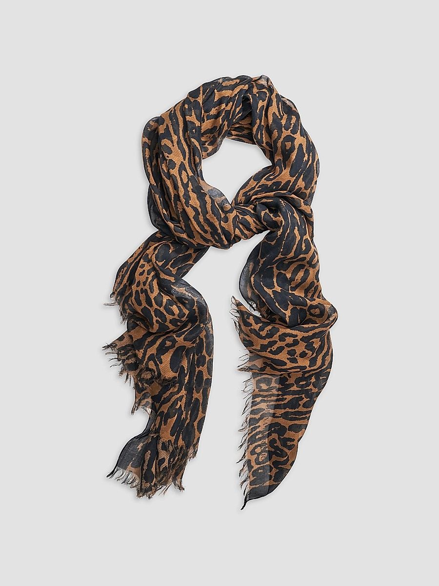 Women's Leopard Print Fringe Scarf - Black Brown