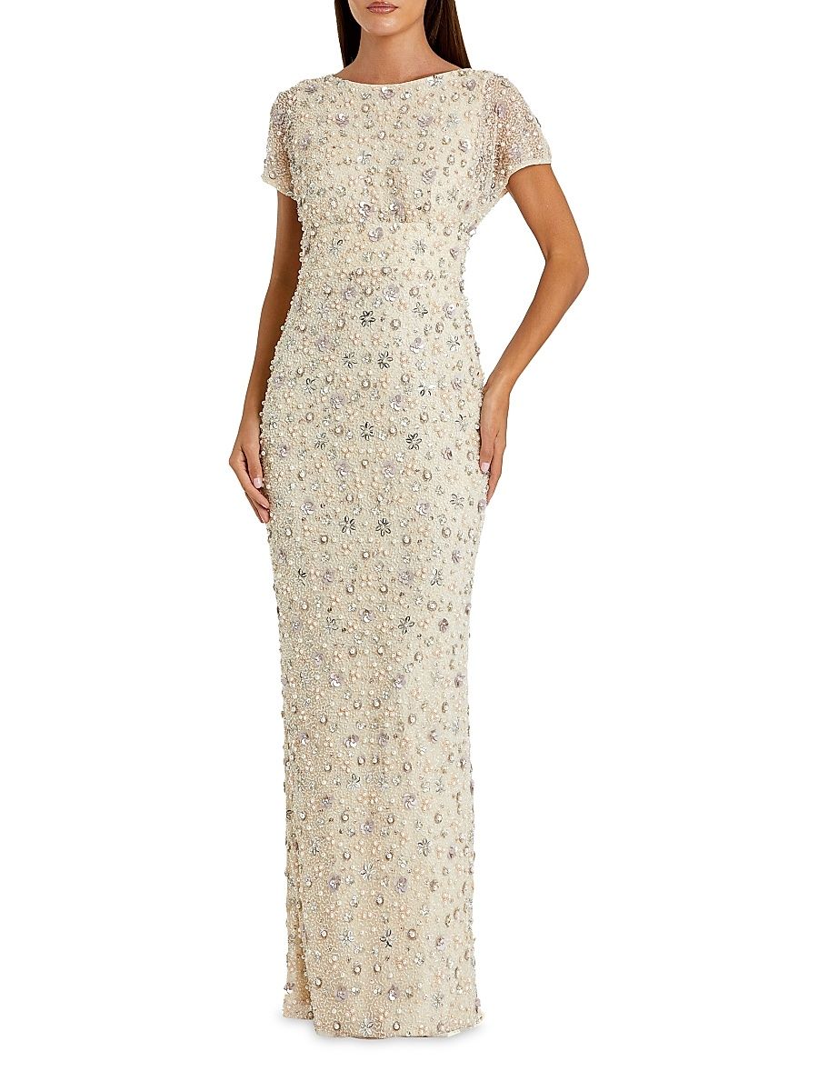 Women's Evening Floral Embellished Mesh Fitted Blouson Gown - Oyster - Size 16