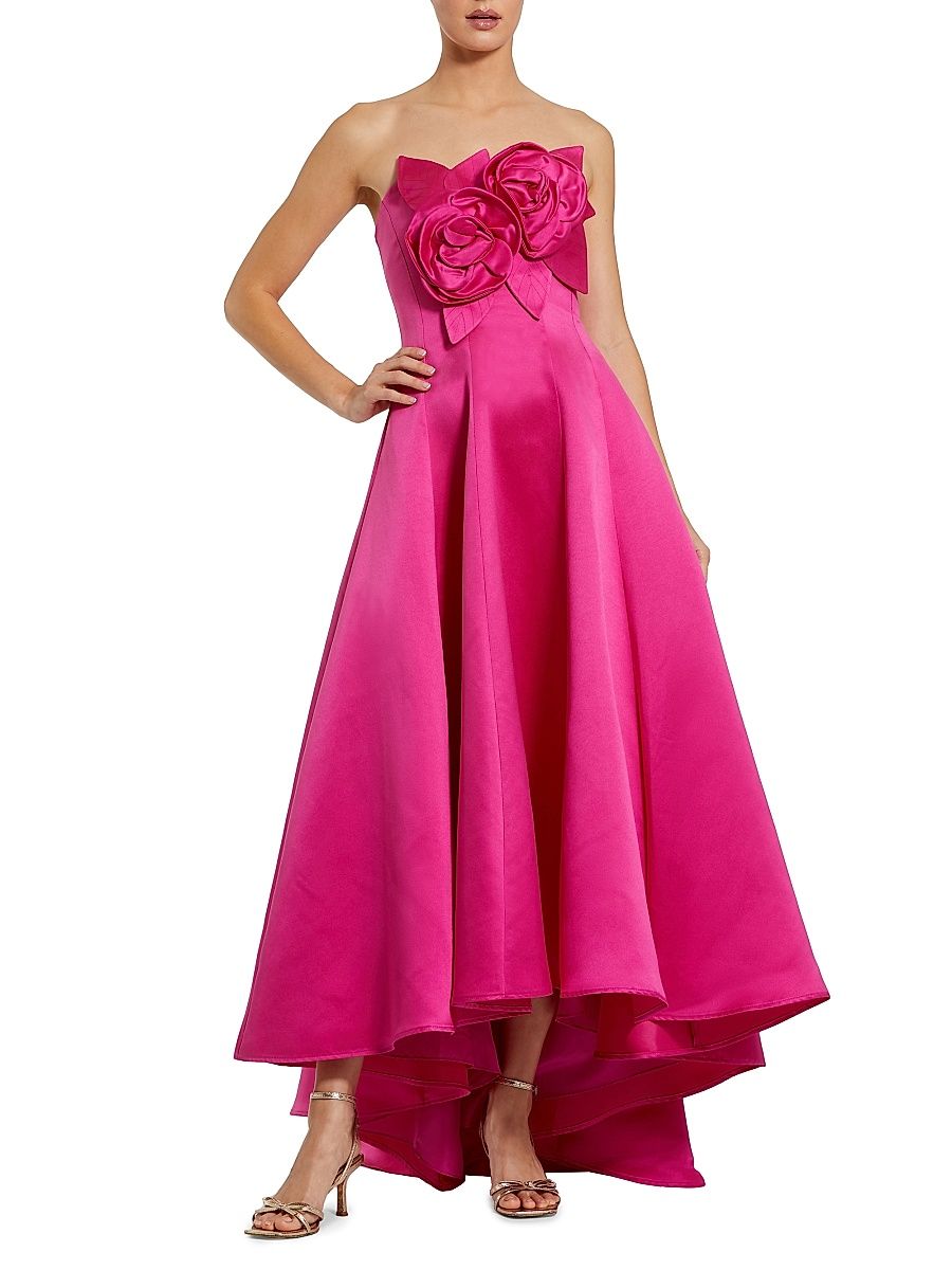 Women's 3D Floral Applique Satin A-Line Gown - Hot Pink - Size 14