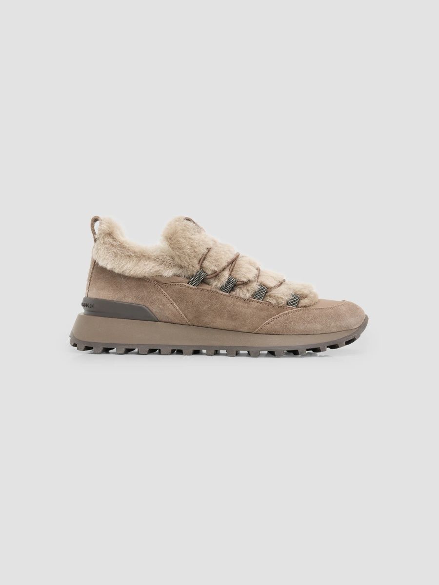 Brunello Cucinelli Women's Suede Shearling Low-Top Sneakers - Titanium - Size 10