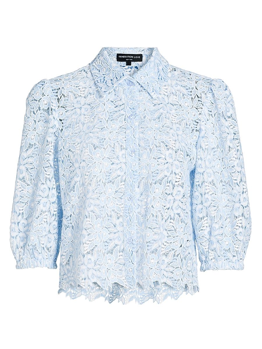 Women's Tammy Floral Lace Shirt - Light Blue White - Size XS