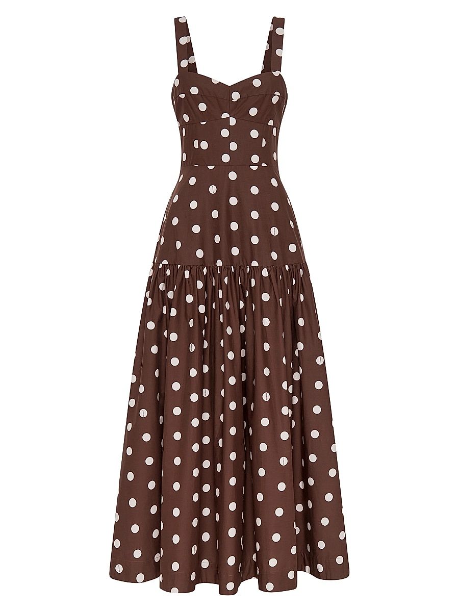 Women's Valeria Polka Dot Linen-Blend Drop Waist Midi-Dress - Mocha Polka Dot - Size 12