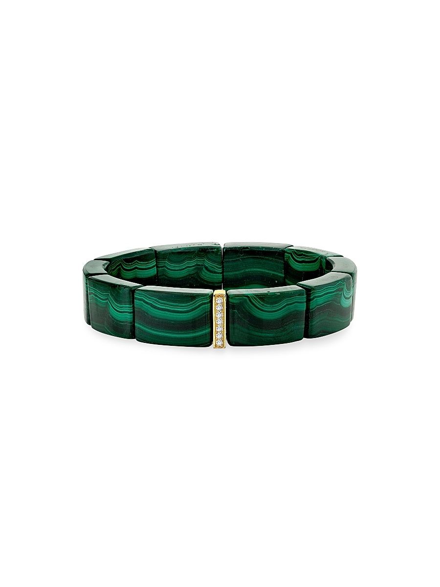 Women's 14K Yellow Gold, 0.08 TCW Diamond & Malachite Bead Stretch Bracelet - Yellow Gold