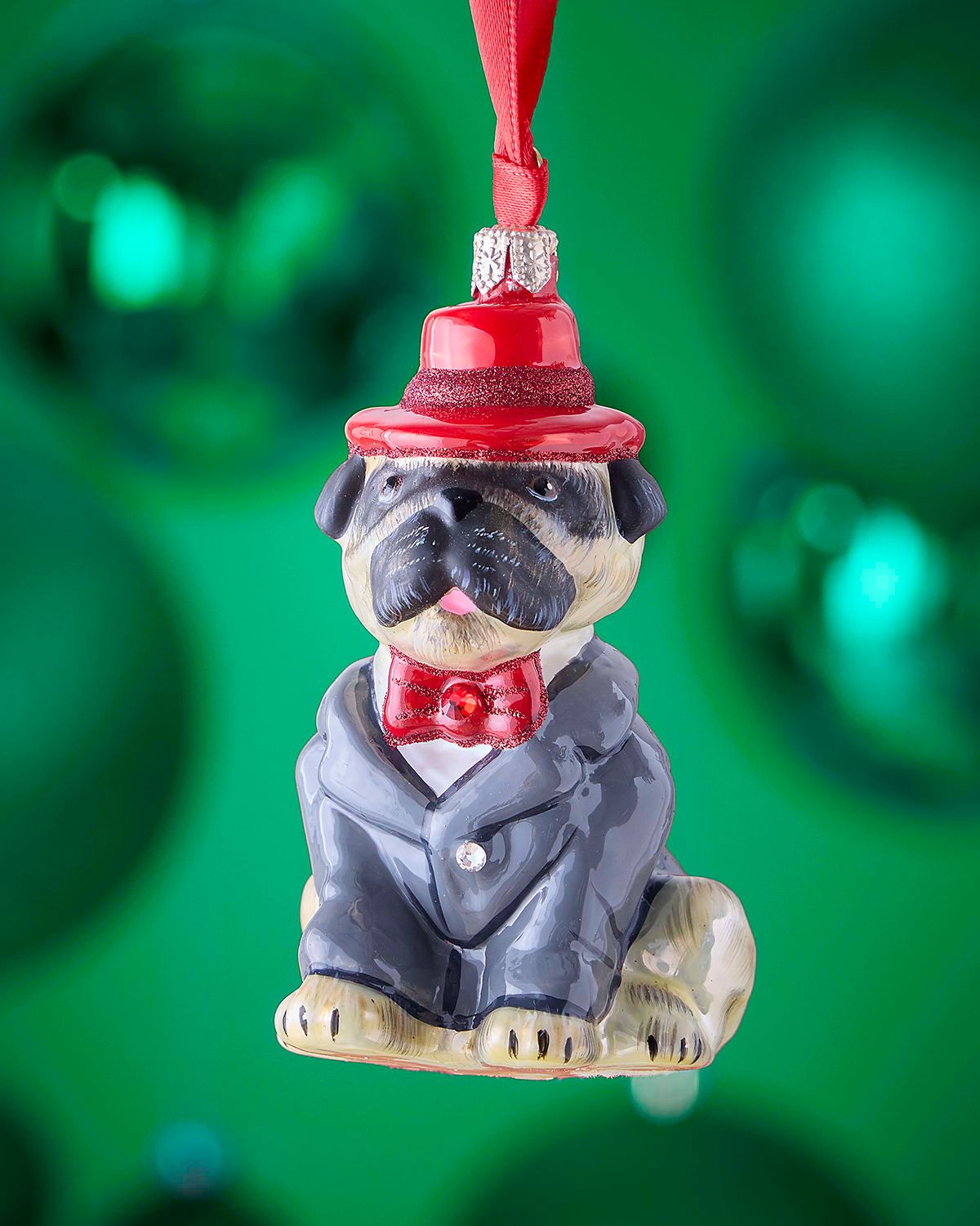 Pug Fawn in Red Fedora and Gray Suit Christmas Ornament
