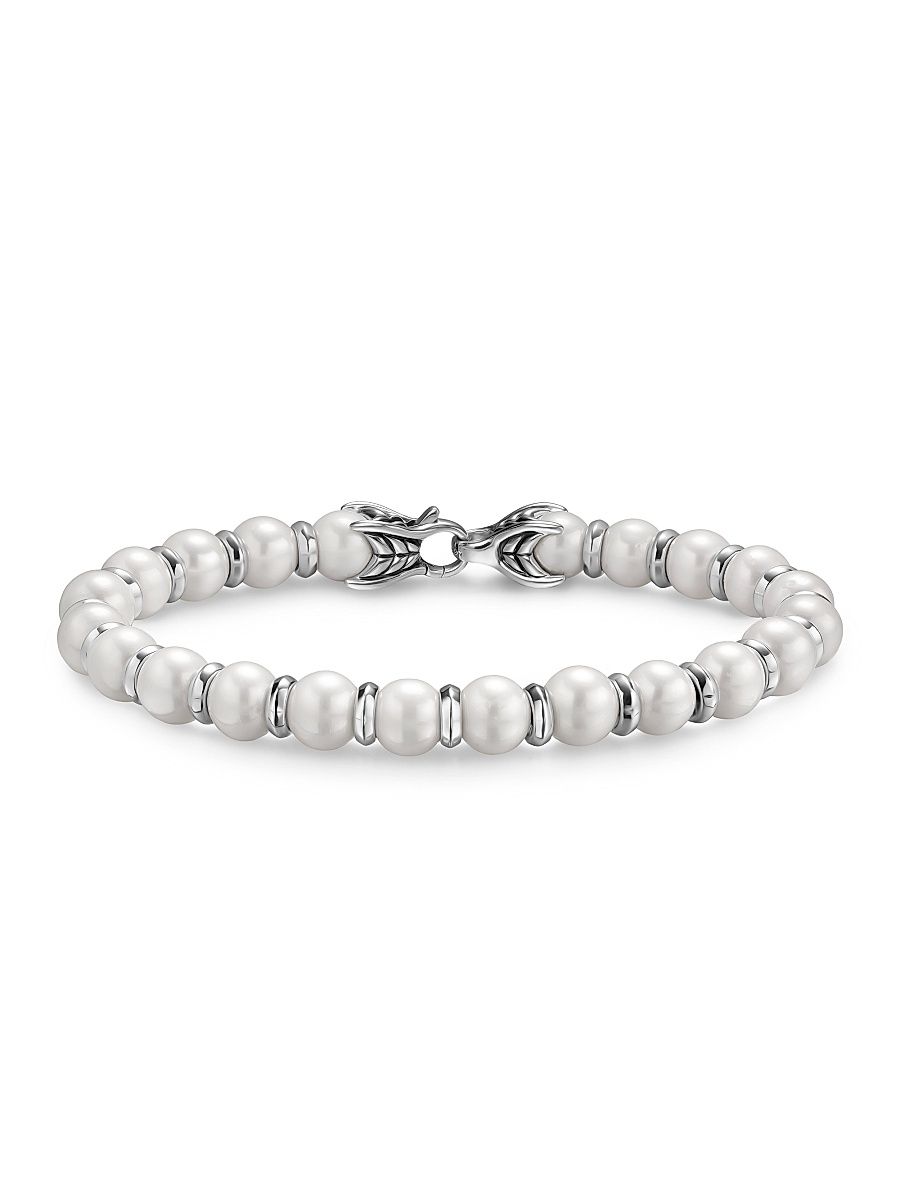 Men's Spiritual Beads Bracelet in Sterling Silver - Pearl - Size Medium
