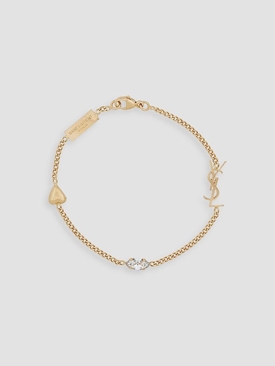 Saint Laurent Women's Opyum Heart Charm Bracelet in Metal - Aged Brass Gold Crystal - Size Large