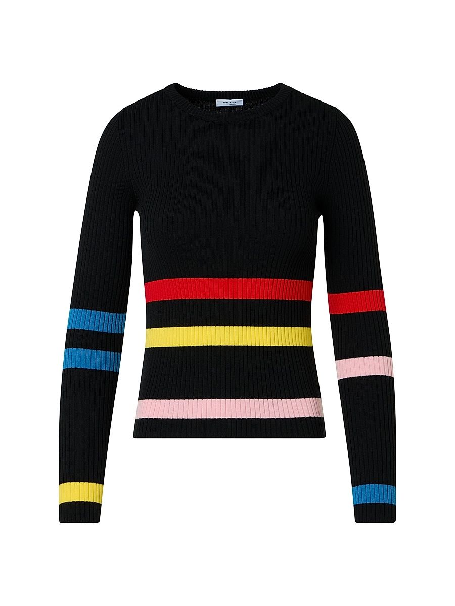 Women's Colorblocked Stripe Wool Sweater - Black Multicolor - Size 16