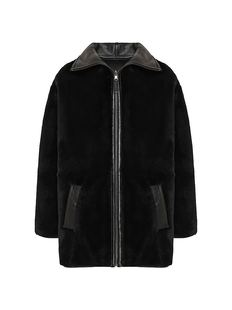 Women's Reversible Shearling Lamb Parka Coat - Black - Size XXL