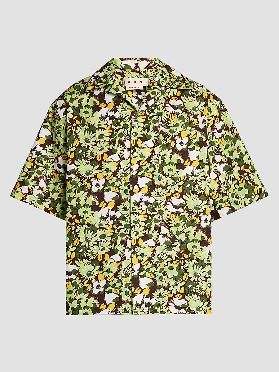 Men's Floral Cotton Poplin Camp Shirt - Light Green - Size 44