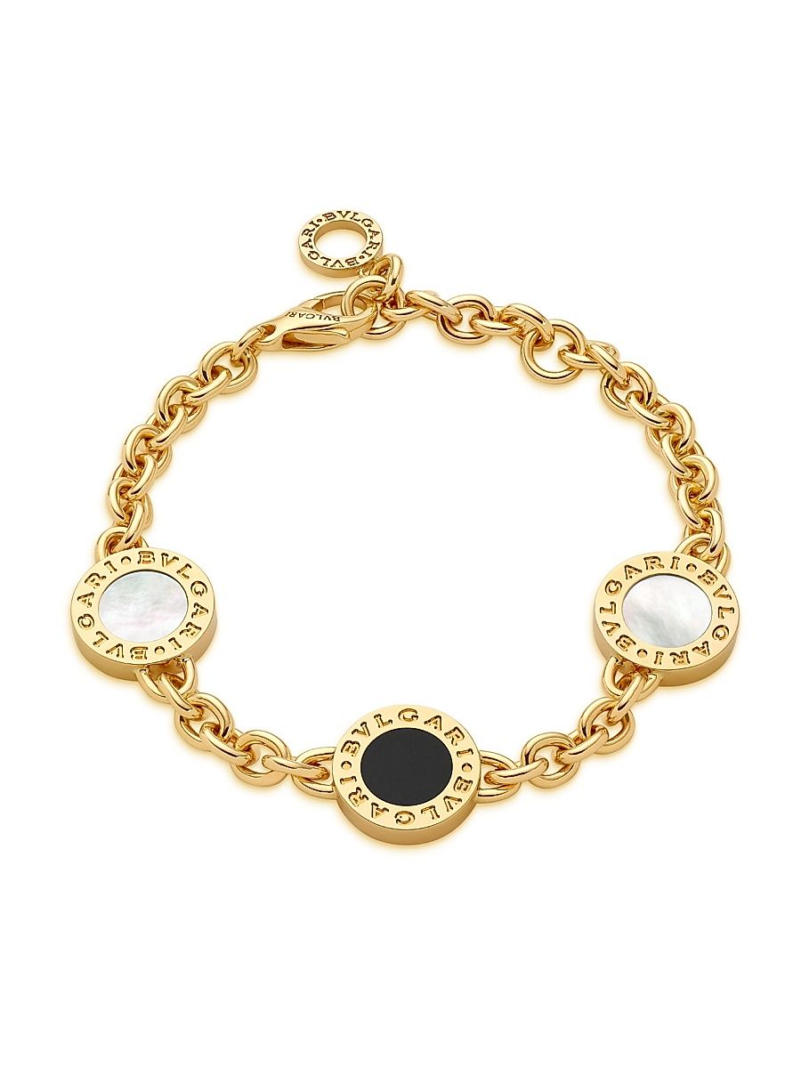 Women's BVLGARI BVLGARI 18K Yellow Gold, Mother-Of-Pearl & Black Onyx Charm Bracelet - Yellow Gold - Size Medium