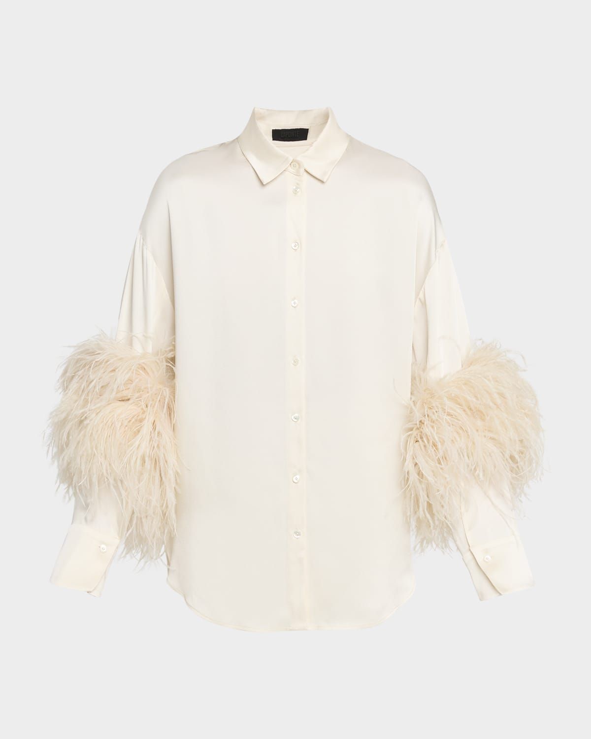 Satin Button-Down Blouse With Feather Trim