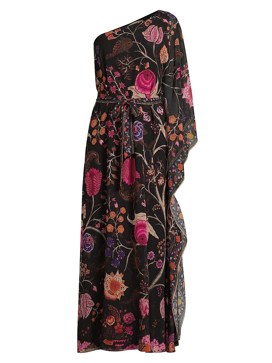 Women's Hazel Floral Chiffon One-Shoulder Maxi Dress - Black Multi - Size Large