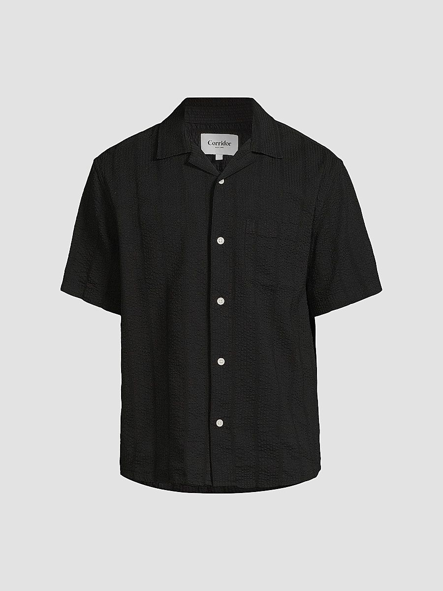Corridor Men's Striped Seersucker Camp Shirt - Black - Size XXL