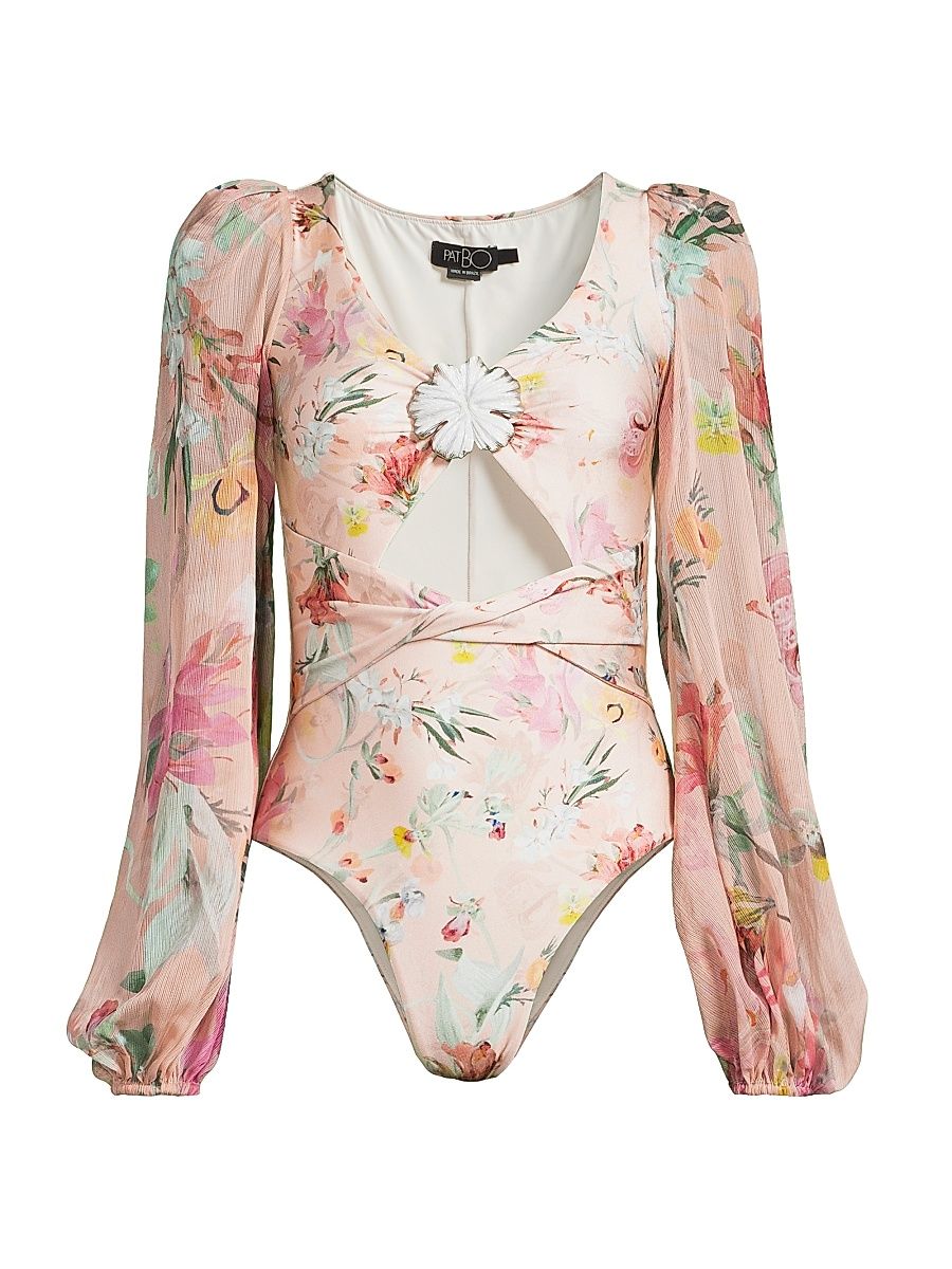 Women's Lily Flower Puff Sleeve Cut-Out Swimsuit - Orange - Size Small