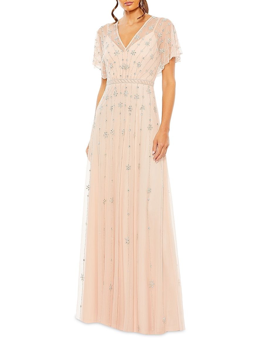 Women's Crystal-Embellished Flutter-Sleeve A-Line Gown - Rose - Size 20