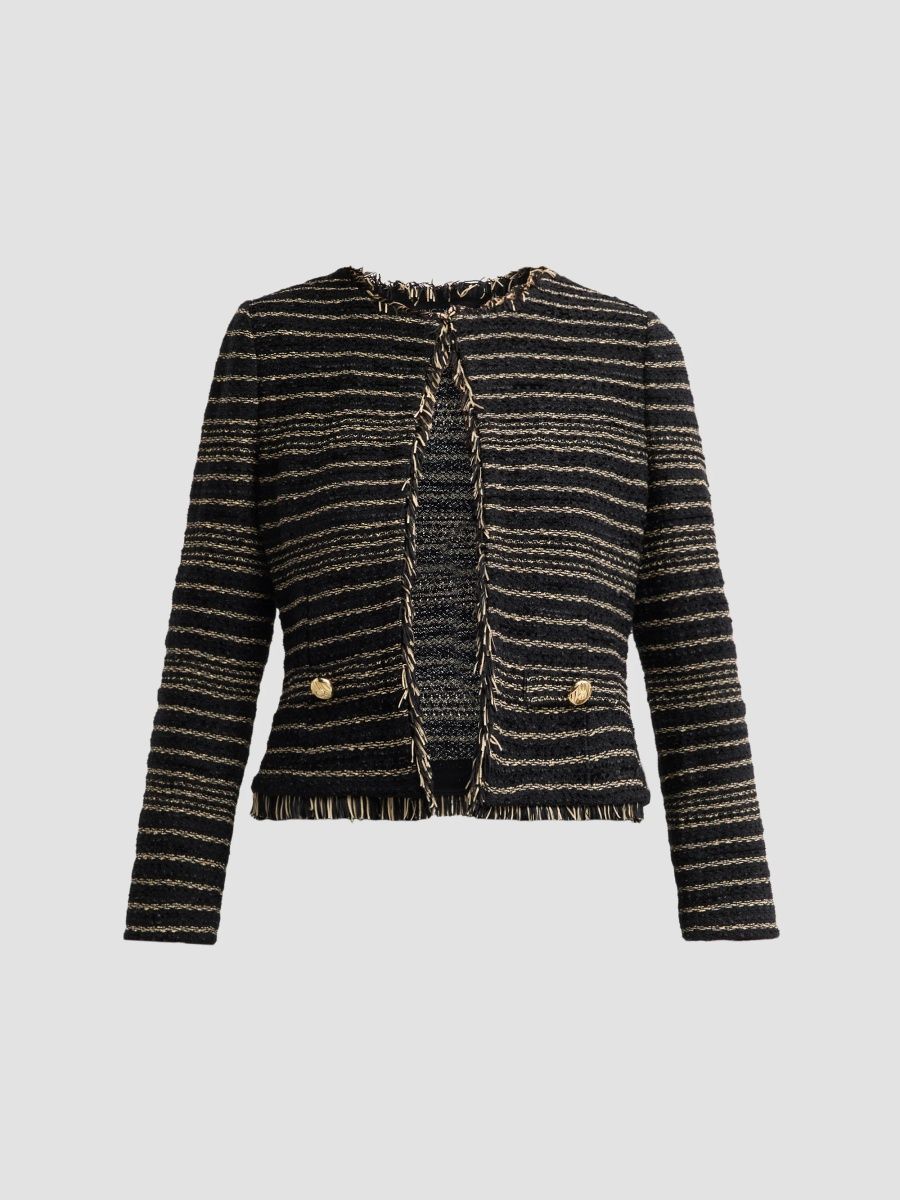 Ming Wang Women's Petite Striped Tweed Jacket - Black Gold - Size XL
