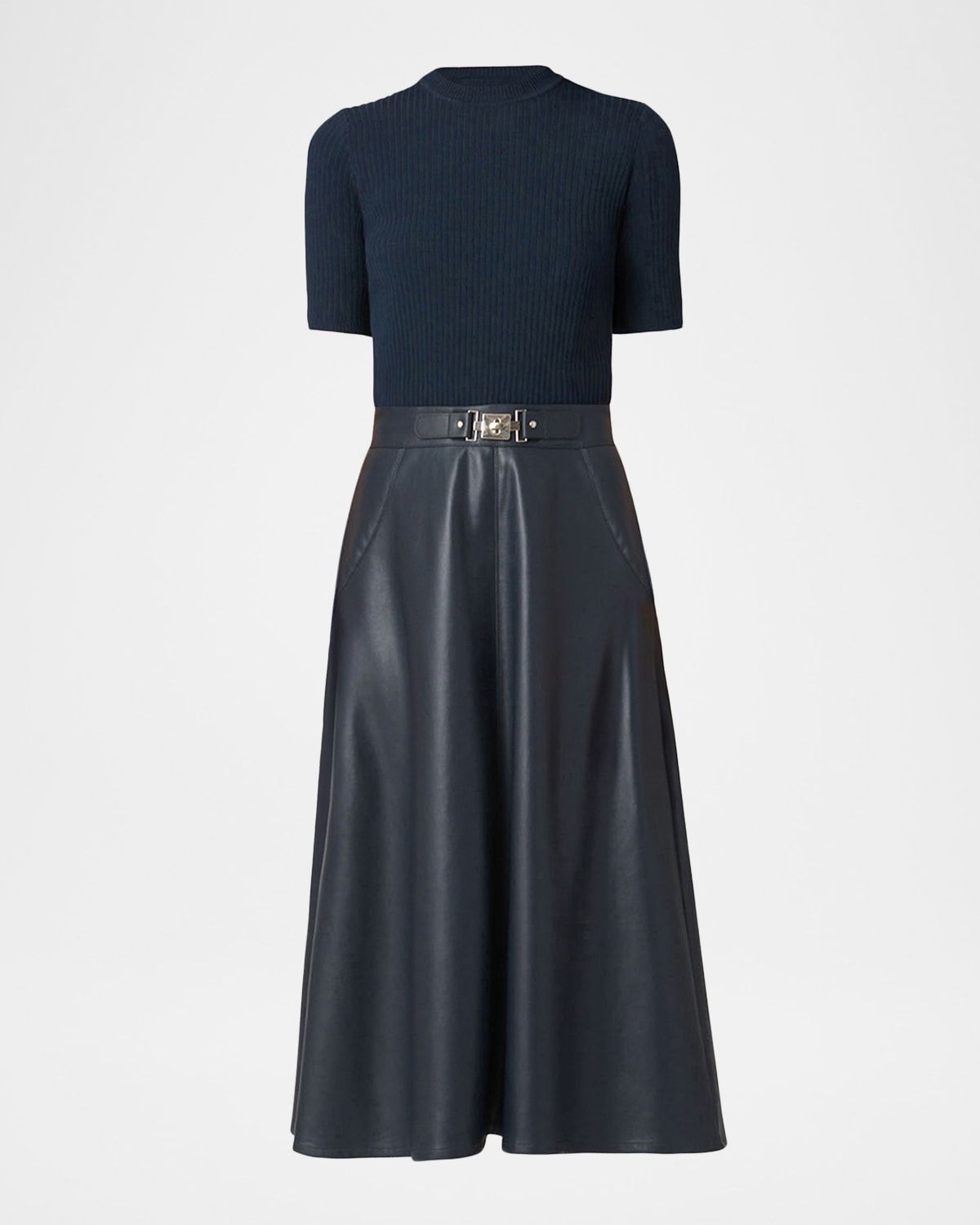 Angela Rib Knit & Faux Leather Midi Dress