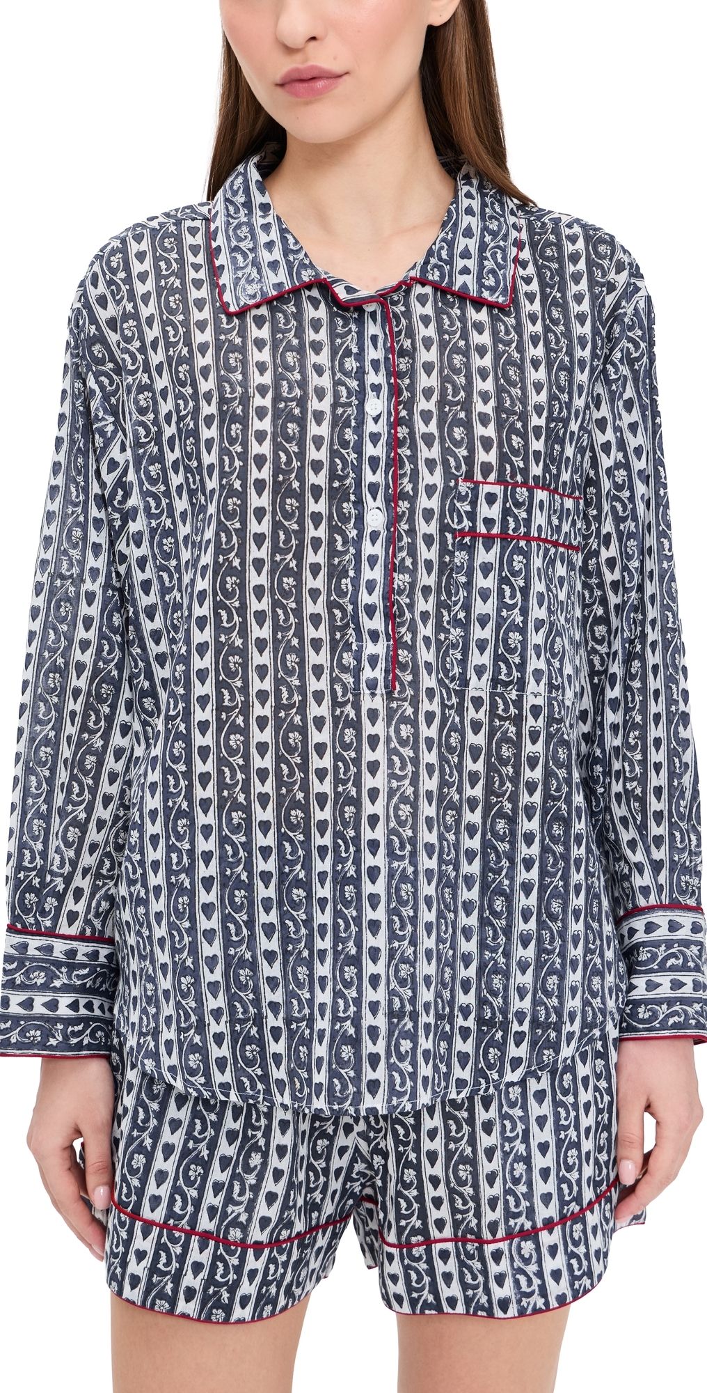 Folkloore Pajamas Set Blue with Burgundy Piping L