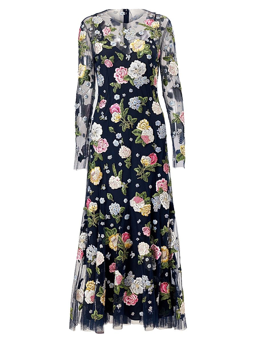Women's Cabana Sheer Floral Embrodiered Midi-Dress - Midnight - Size 12