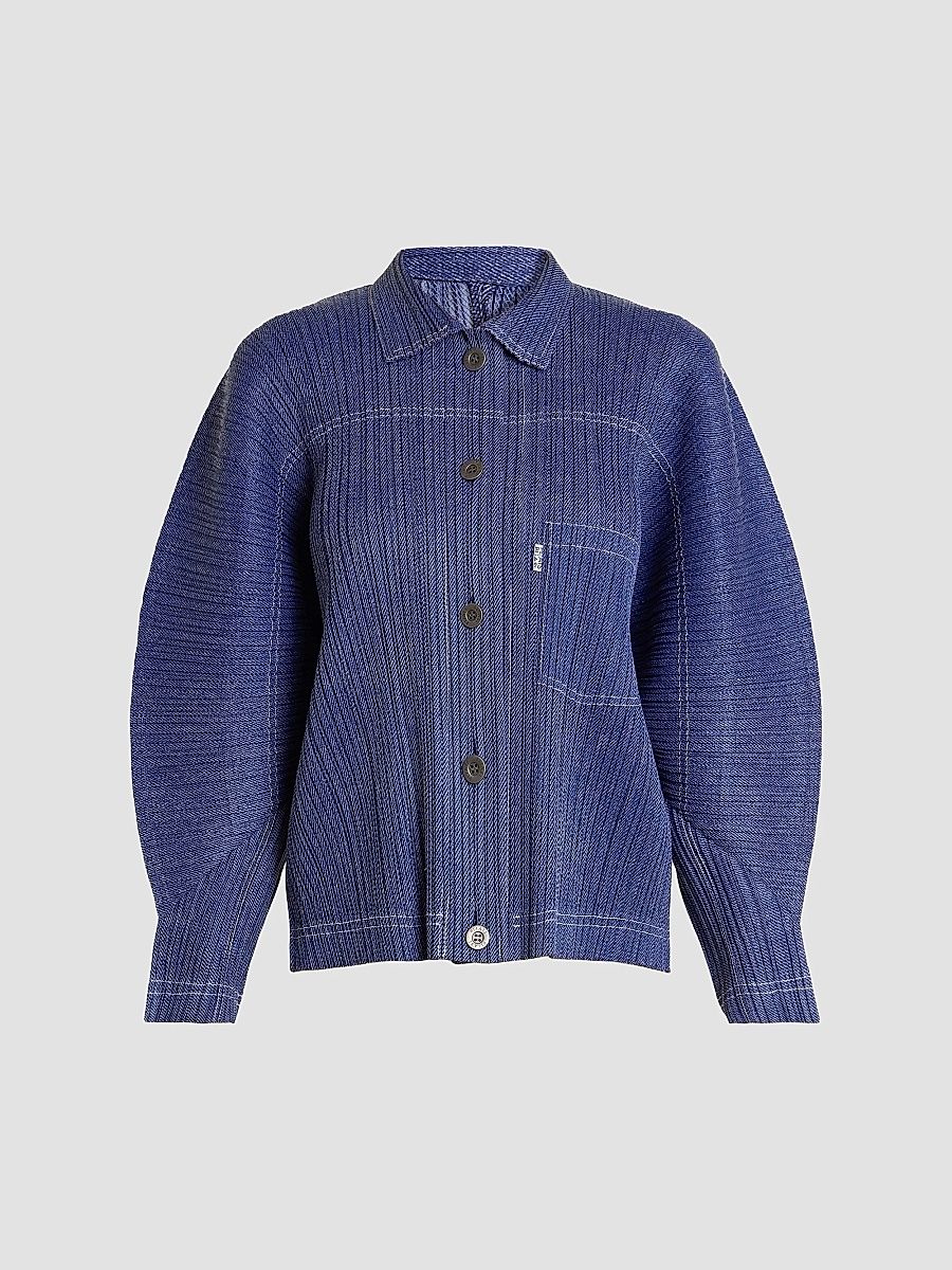 Women's Denim-Look Plissé Jacket - Navy - Size Large