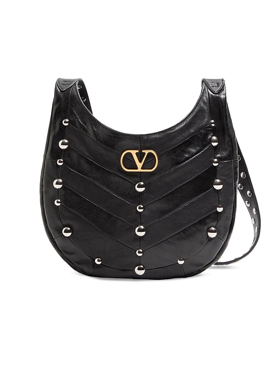 Women's Hoboho Small Nappa Leather Hobo Bag with Chevron Pattern - Black