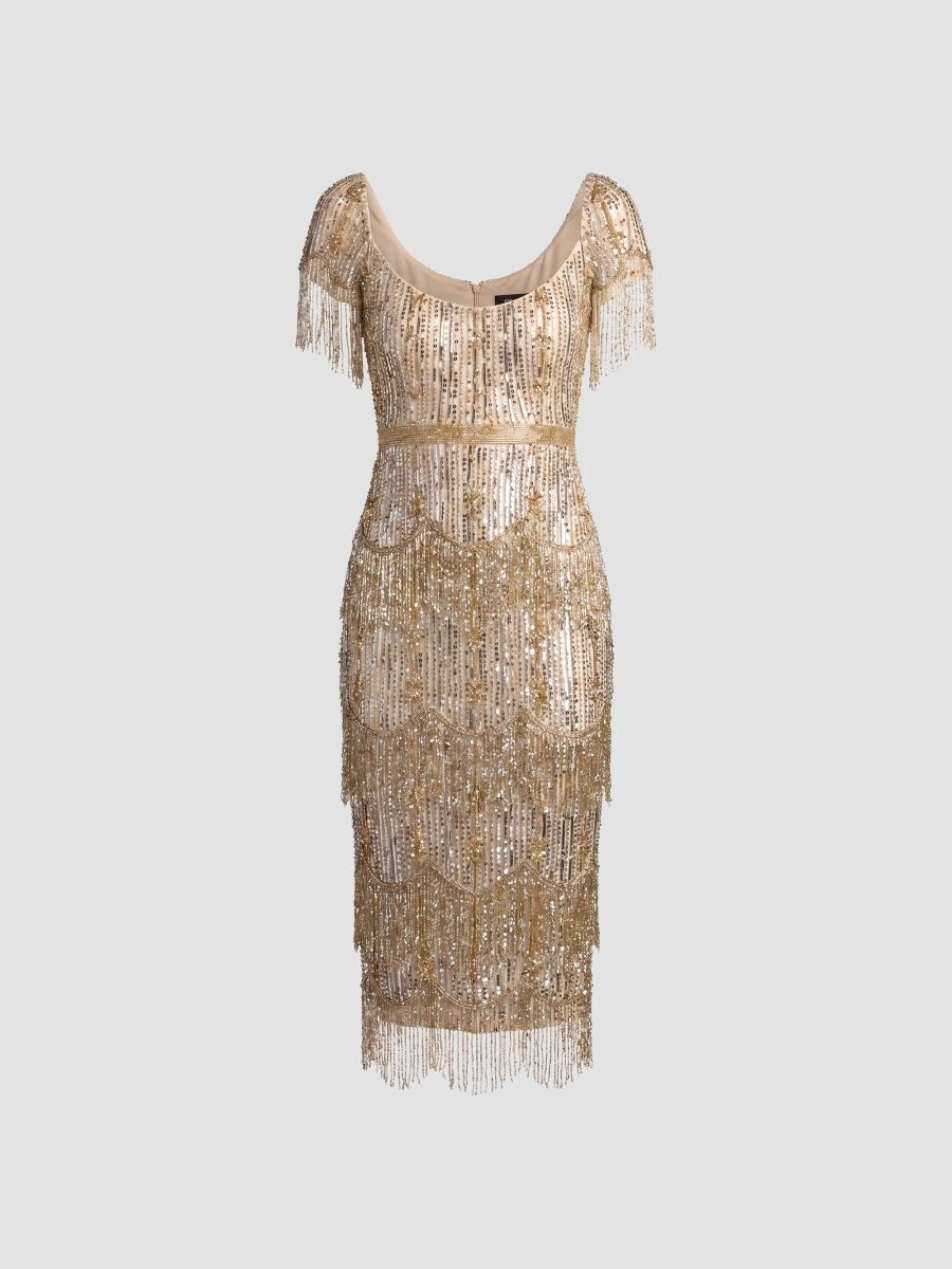 Mac Duggal Women's Fringed Beaded Sheath Midi Dress - Light Gold - Size 12