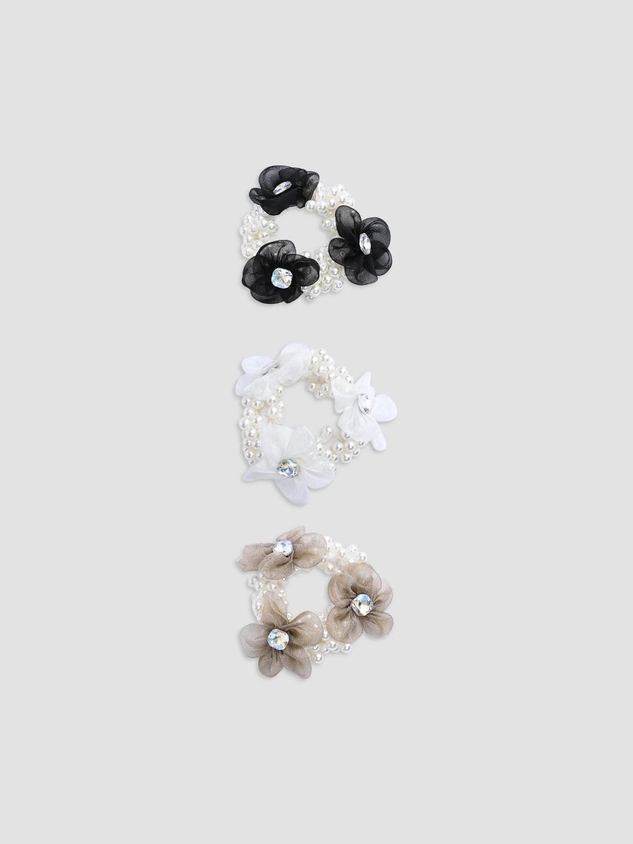 Mimi Tutu Girl's Girl's Pearl Flower Scrunchie Set - Black White Brown