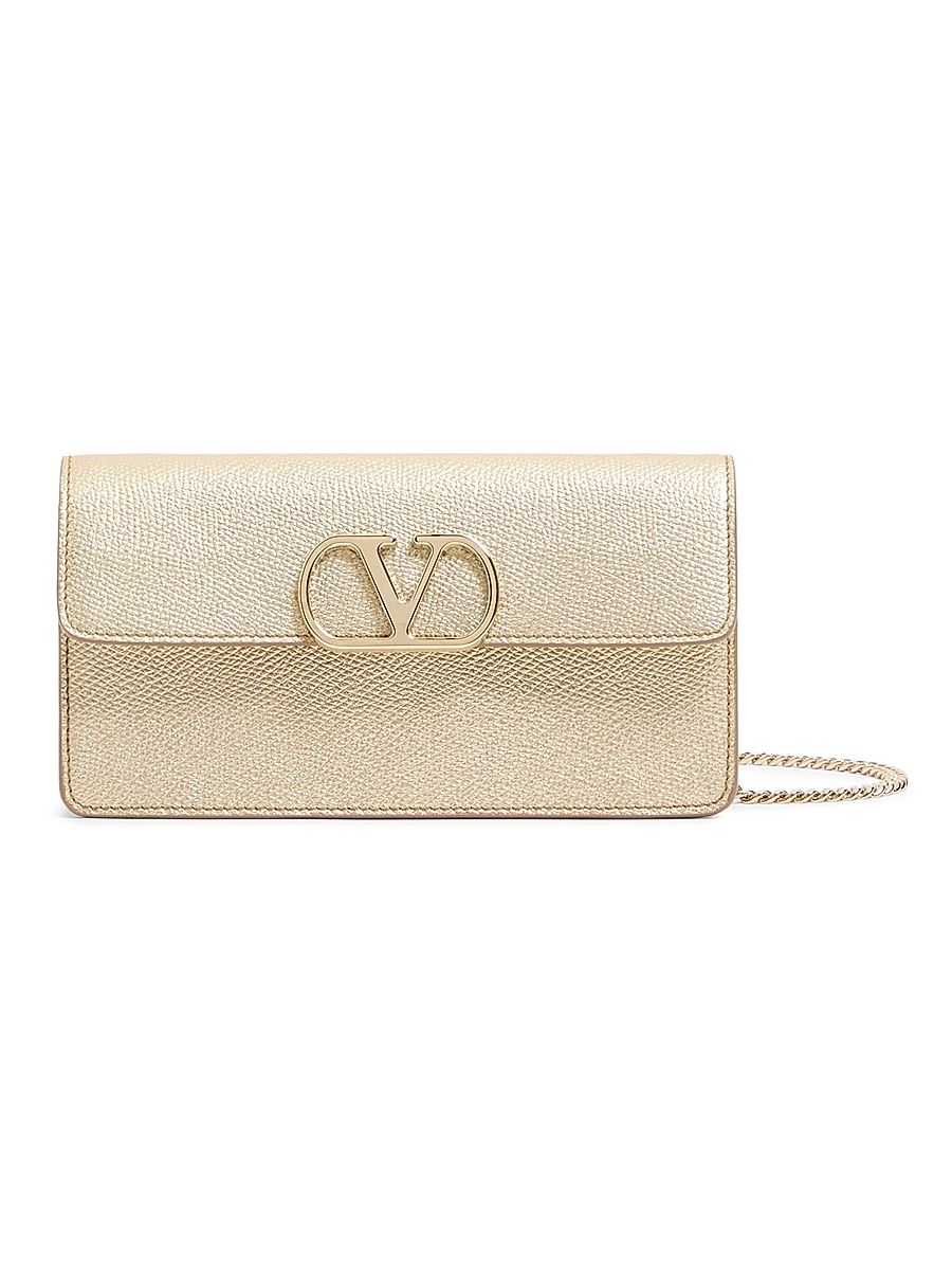 Women's VLogo Signature Laminated Grainy Calfskin Wallet with Chain - Platinum