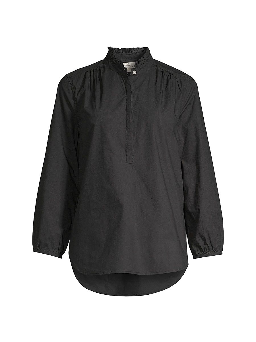 Women's Sara B Ruffled Cotton Henley Shirt - Black - Size Small