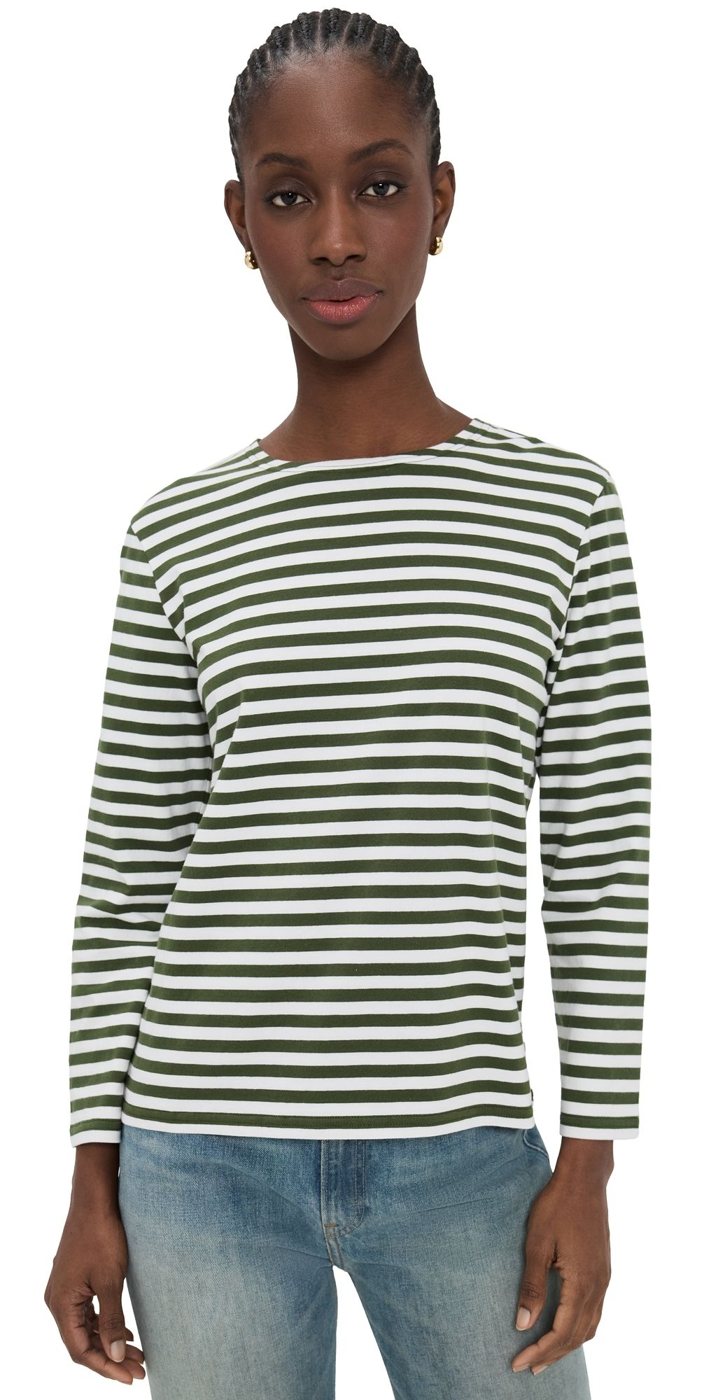 Denimist Long Sleeve Boat Neck Tee Olive Green Ecru Stripe XS