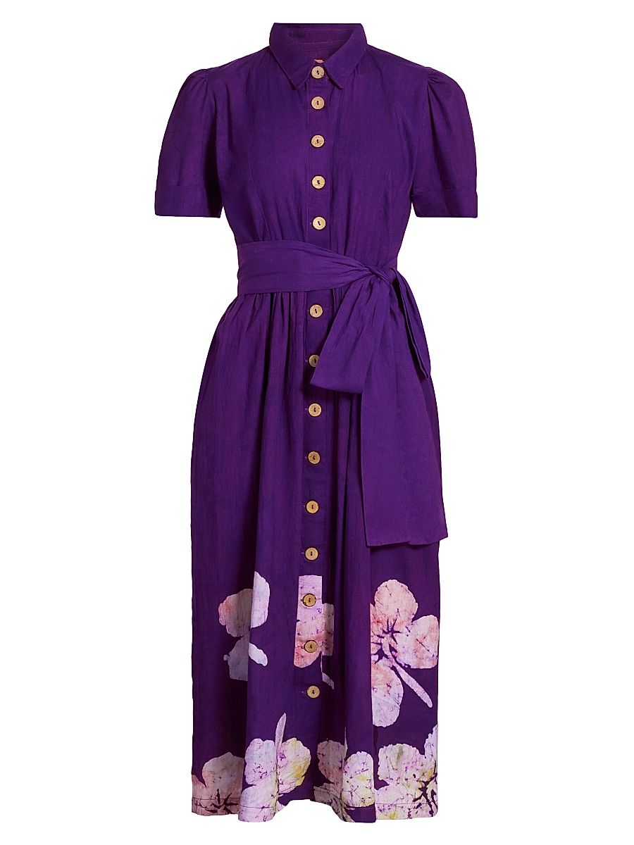 Women's Asake Floral Cotton Tie-Waist Shirtdress - Purple - Size Medium