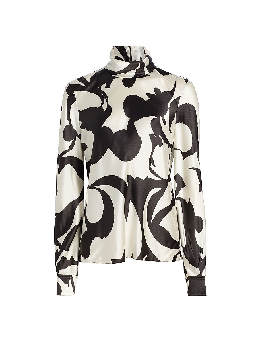 Women's Enid Printed Stretch Silk-Blend Blouse - Black Ivory - Size Medium