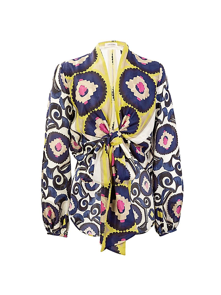 Women's Honey Silk Mosaic Tie Blouse - Yellow Mosaic - Size XL