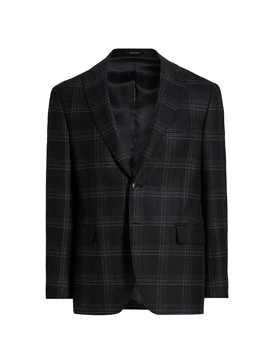 Men's COLLECTION Plaid Wool-Blend Blazer - Black - Size 48
