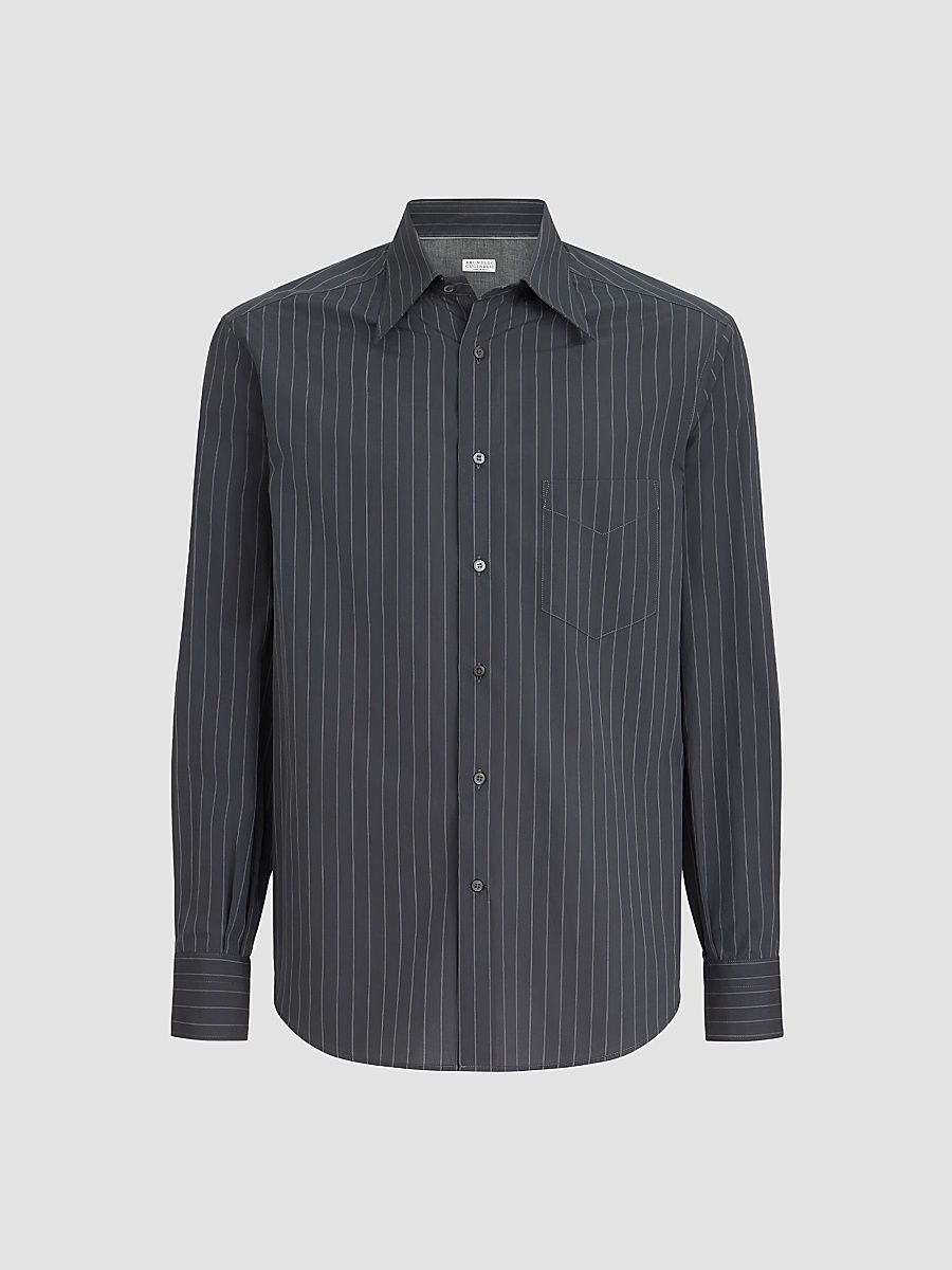 Brunello Cucinelli Men's Double Pinstripe Cotton Overshirt with Italian Collar - Dark Grey - Size Large