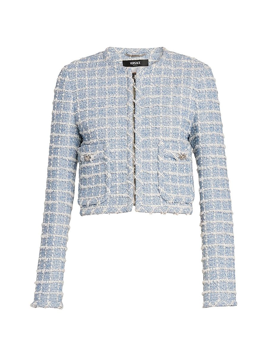 Women's Windowpane Tweed Bouclé Jacket - Light Indigo - Size 10