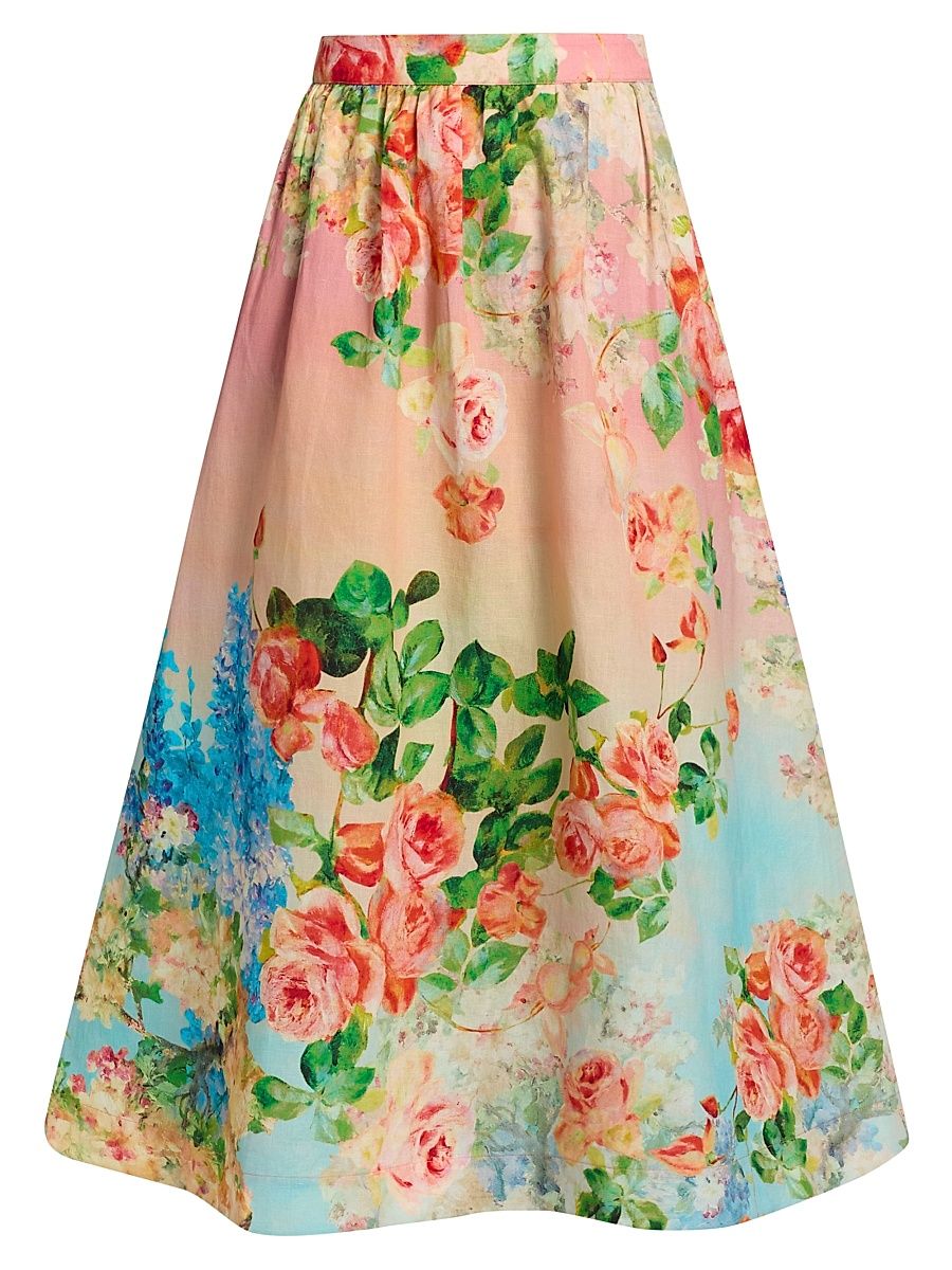Women's Floral Ombré Cotton-Linen Midi-Skirt - Size Large