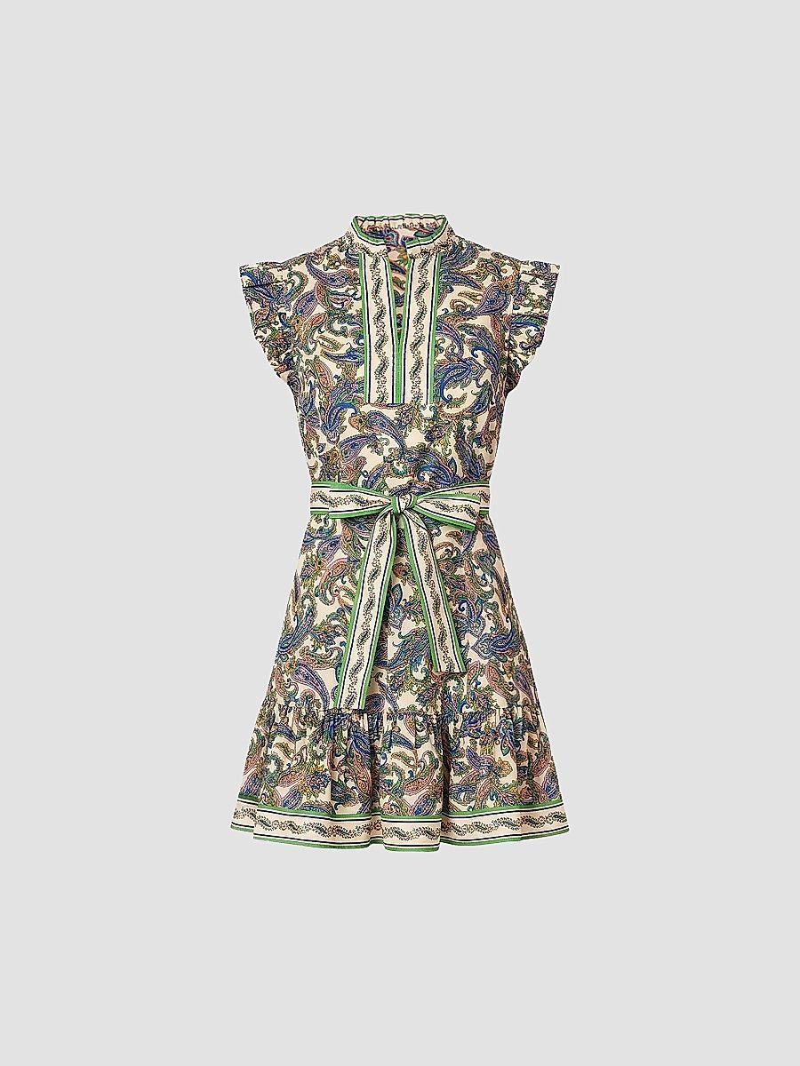 Shoshanna Women's Leah Paisley Stretch-Cotton Tie-Waist Mini Dress - Ivory Multi - Size 14