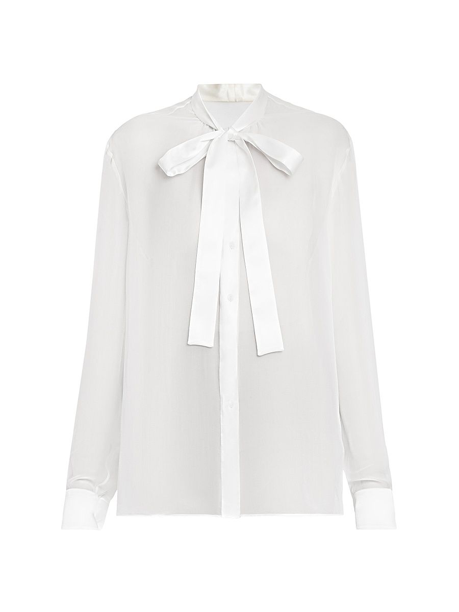 Women's Silk Chiffon Tieneck Blouse - Bianco Ottico - Size 8