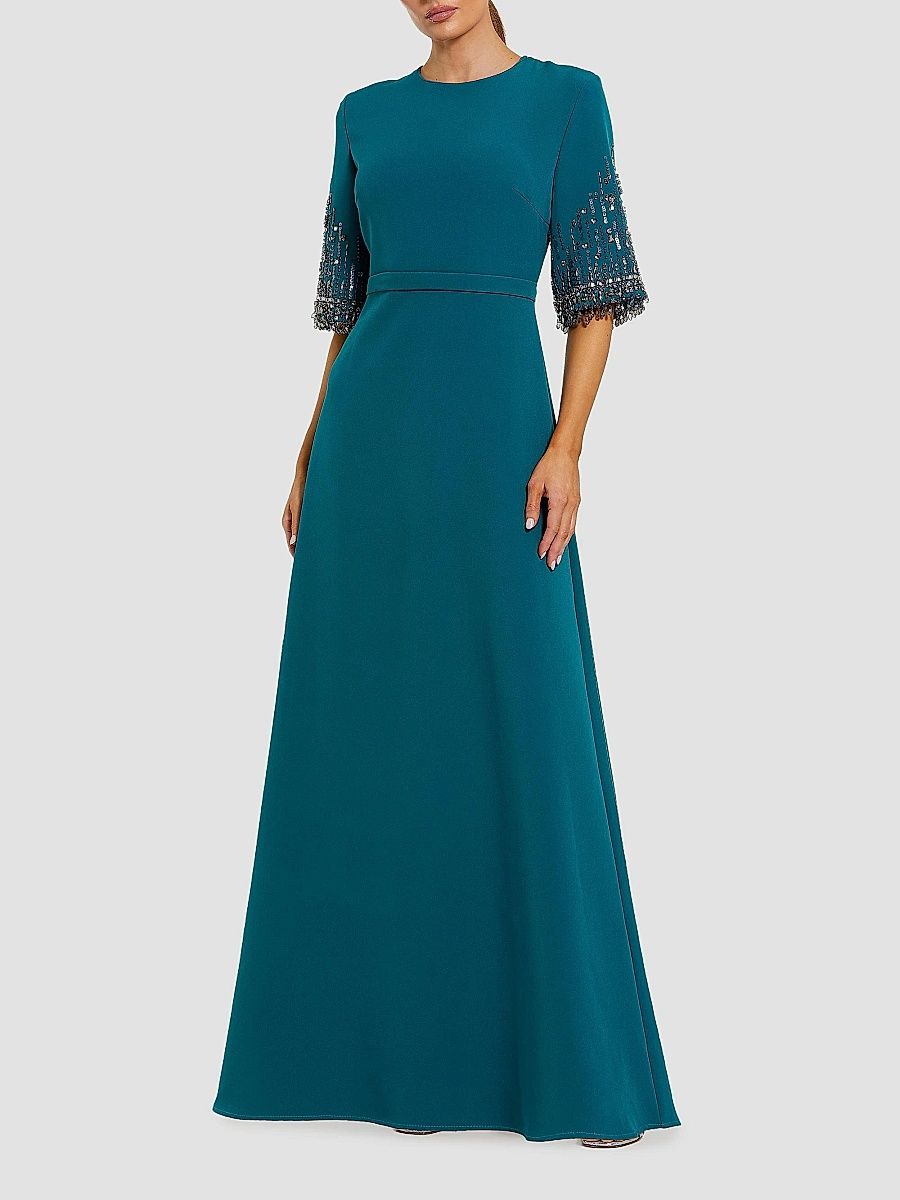 Mac Duggal Women's Crêpe Beaded-Sleeve A-Line Gown - Ocean - Size 20
