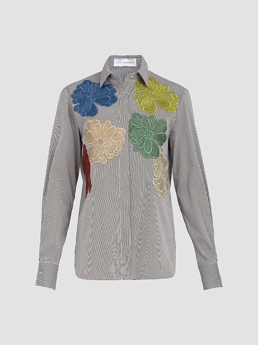 Silvia Tcherassi Women's Warda Floral Embroidered Striped Cotton Shirt - Multicolor - Size Medium