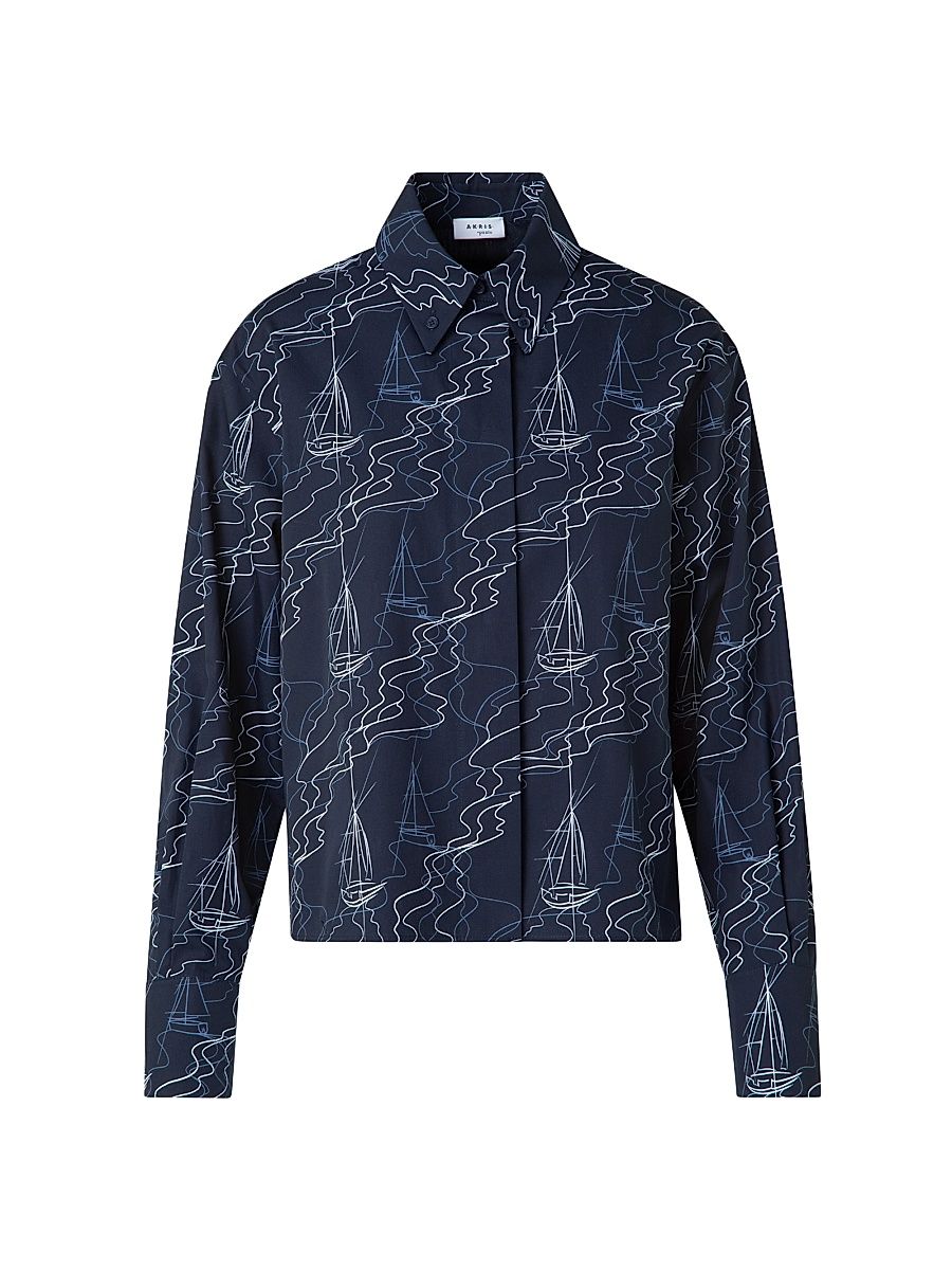 Women's Sailboat Cotton Button-Front Shirt - Navy Cream - Size 10