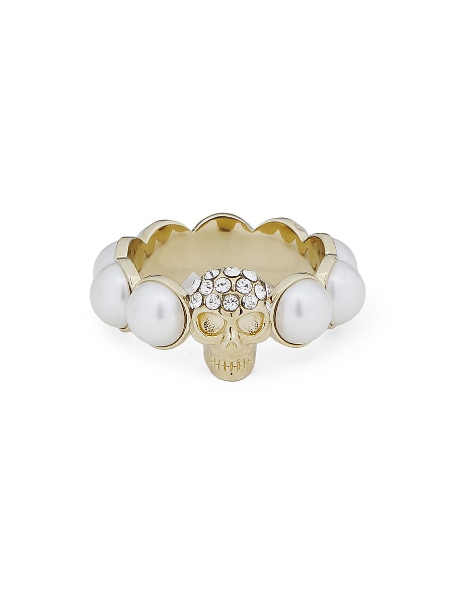 Women's Goldtone, Imitation Pearl & Glass Crystal Skull Ring - Pearl Grey - Size 7.25