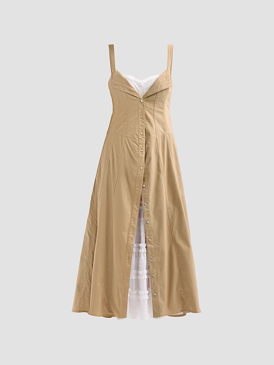 Women's Lucil Mixed-Media Midi Dress - Khaki White - Size 12