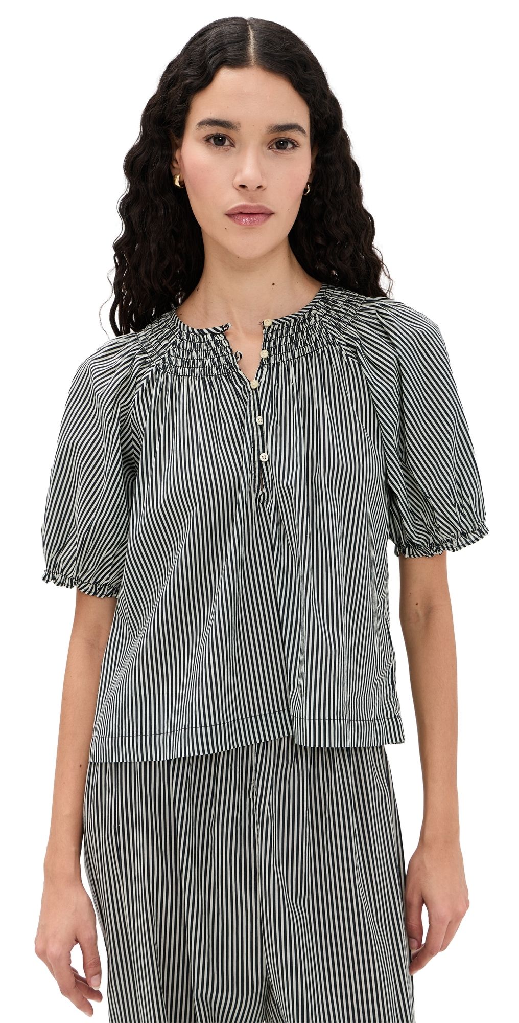 THE GREAT. The Smocked Sleep Top Black & Cream Crew Stripe 2