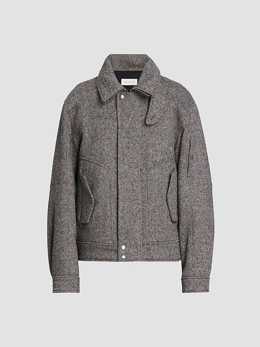 Men's Tweed Wool Zip-Front Jacket - Black - Size Small