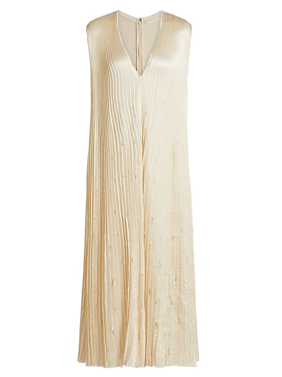 Women's Satin Pleated Laser-Cut Trapeze Dress - Ivory - Size Medium