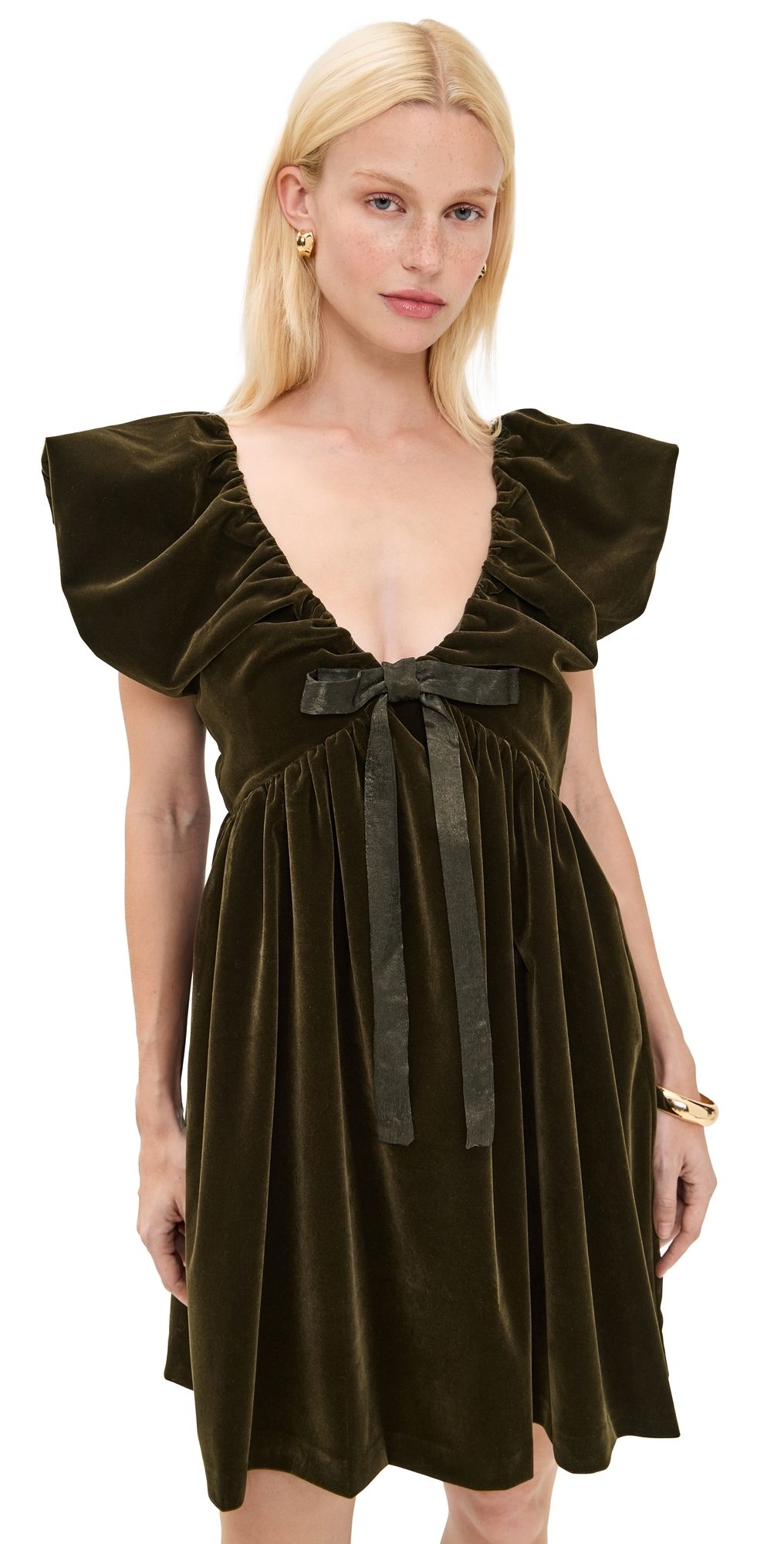 endless rose Velvet Satin Mini Bow Dress Olive Green L