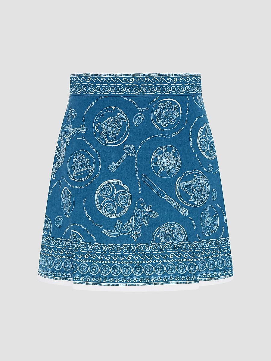Women's Lucky Printed Linen Mini Skirt - Blue - Size 4
